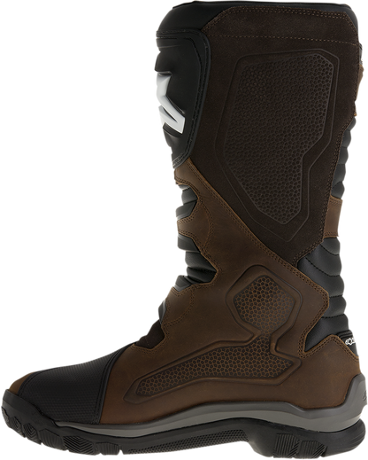 Alpinestars Corozal Adventure Boots in brown and black, US size 13, rugged motorcycle riding boots with ankle protection.