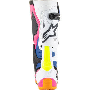 Alpinestars Daytona Coast Limited Edition Tech 10 motocross boots in white, blue, and pink, US 9, with reinforced armor and grip soles.