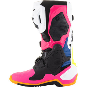 Alpinestars Daytona Coast Limited Edition Tech 10 motocross boots in white, blue, and pink, US size 9, with detailed design features.