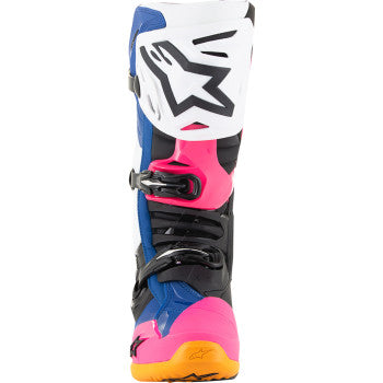 Alpinestars Daytona Coast Limited Edition Tech 10 motocross boots in white, blue, and pink with ankle protection and sporty design.