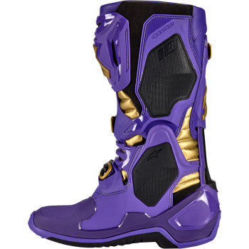 Alpinestars Salt Lake Tech 10 limited edition motorcycle boots in purple, gold, and black with US size 10.