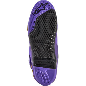 Alpinestars Limited Edition Salt Lake Tech 10 motorcycle boots in purple, gold, and black with US size 10.