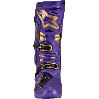 Limited edition Alpinestars Salt Lake Tech 10 motorcycle boots in purple, gold, and black, US size 11, with detailed design.