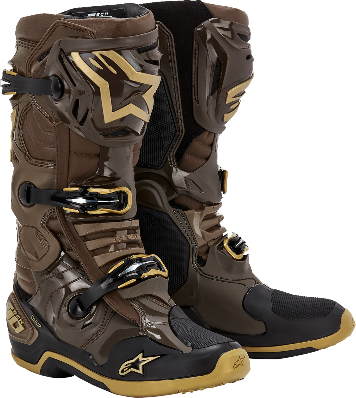 Alpinestars Limited Edition Squad '23 Tech 10 motorcycle boots in brown and gold, US size 9, with detailed design and protective features.