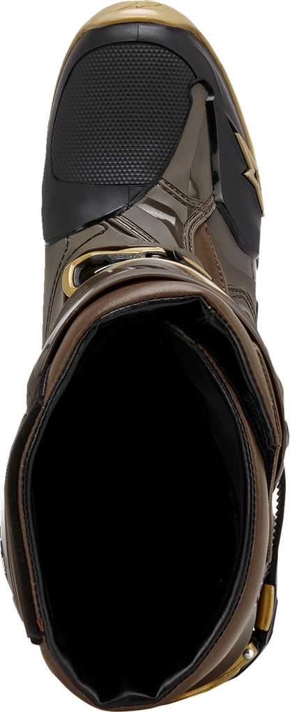 Alpinestars Squad '23 Tech 10 Boots in brown and gold, US 9, featuring sturdy leather construction and technical design elements.