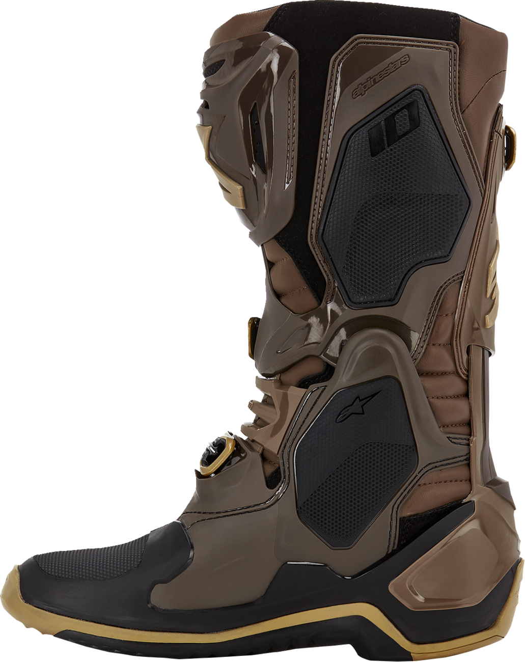 Limited edition Alpinestars Squad '23 Tech 10 motorcycle boots in brown and gold, US 9, with protective design and durable construction.