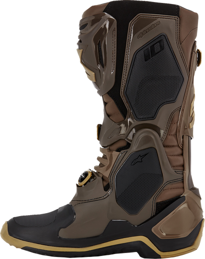 Limited edition Alpinestars Squad '23 Tech 10 motorcycle boots in brown and gold, US 9, with protective design and durable construction.