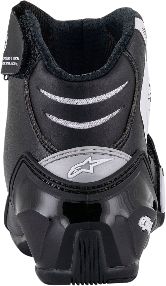 Alpinestars SMX-1 R V2 motorcycle racing boots in black and white, US size 5, EU size 38, designed for riding safety.