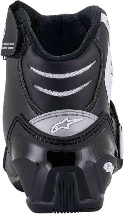 Alpinestars SMX-1 R V2 motorcycle racing boots in black and white, US size 5, EU size 38, designed for riding safety.