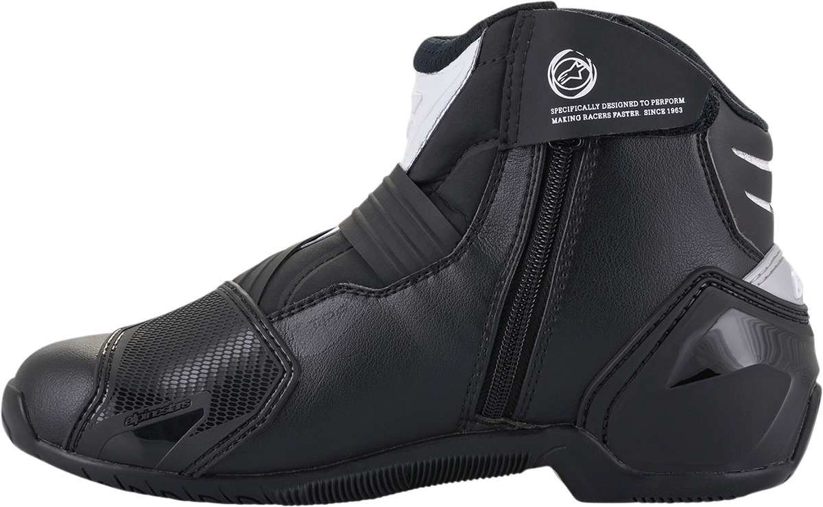 Alpinestars SMX-1 R V2 motorcycle boots in black and white, US size 5, EU 38, with sturdy design and protective features