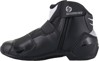 Alpinestars SMX-1 R V2 motorcycle boots in black and white, US size 5, EU 38, with sturdy design and protective features