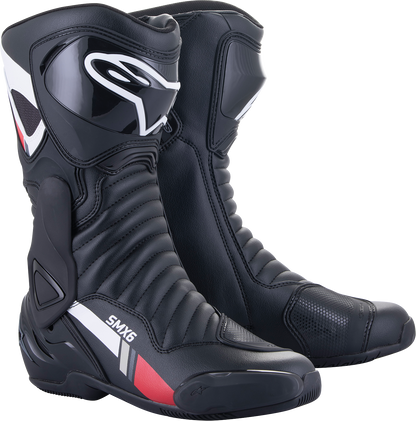 Alpinestars SMX-6 v2 motorcycle boots in black, white, and gray with US size 6.5 / EU size 40, designed for riding protection.