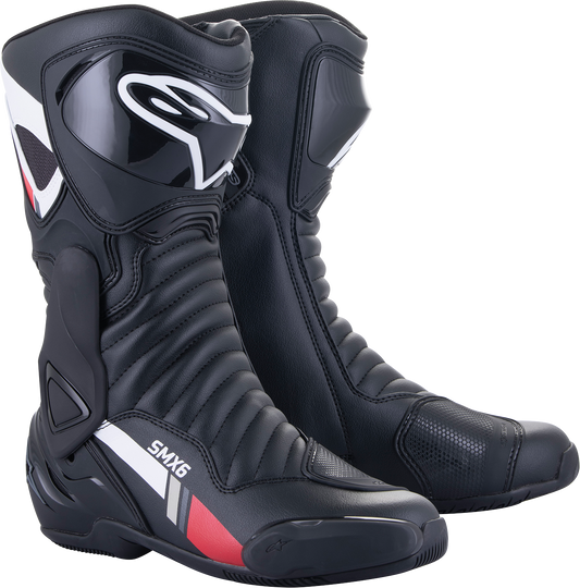 Alpinestars SMX-6 v2 motorcycle boots in black, white, and gray with US size 6.5 / EU size 40, designed for riding protection.