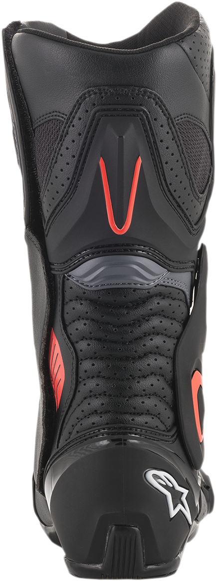 Alpinestars SMX-6 v2 vented motorcycle boots in black, gray, and red, US 7.5 / EU 41, featuring protective design and ventilation.