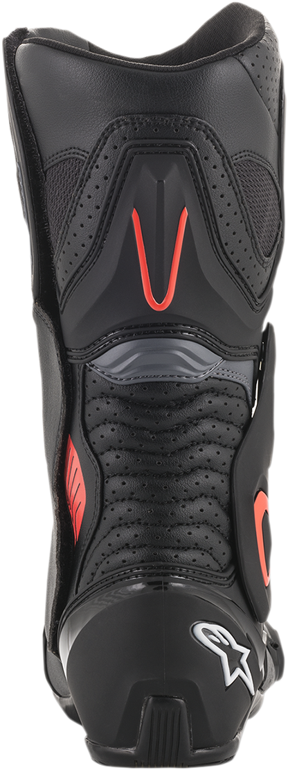Alpinestars SMX-6 v2 vented motorcycle boots in black, gray, and red, US 7.5 / EU 41, featuring protective design and ventilation.