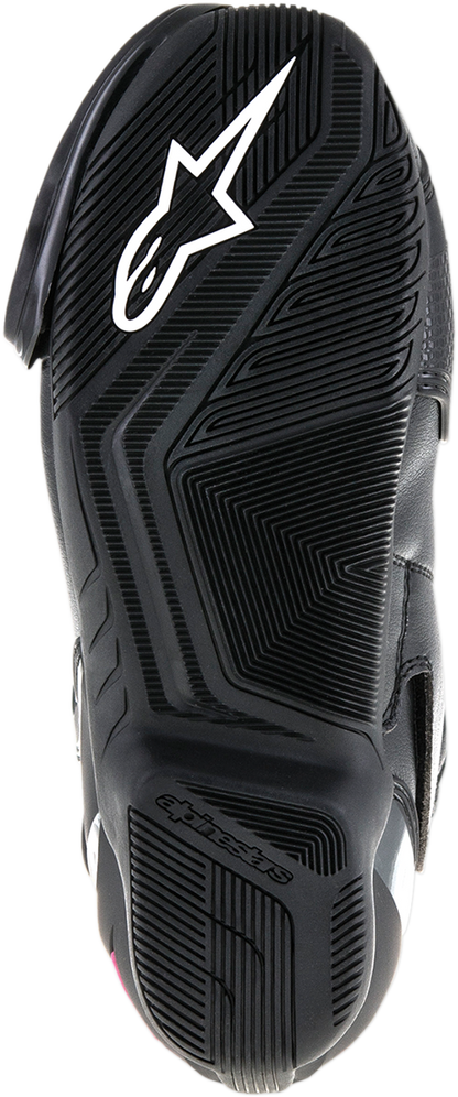 Alpinestars SMX-6 v2 vented motorcycle boots in black, pink, and white with protective features and US size 8, EU 39.