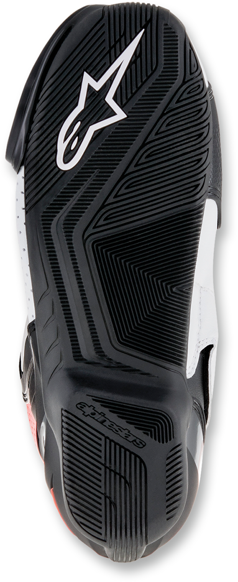 Alpinestars SMX-6 v2 vented motorcycle boots in black, white, and red fluorescent with US size 3.5, EU 36, showcasing design and vents.