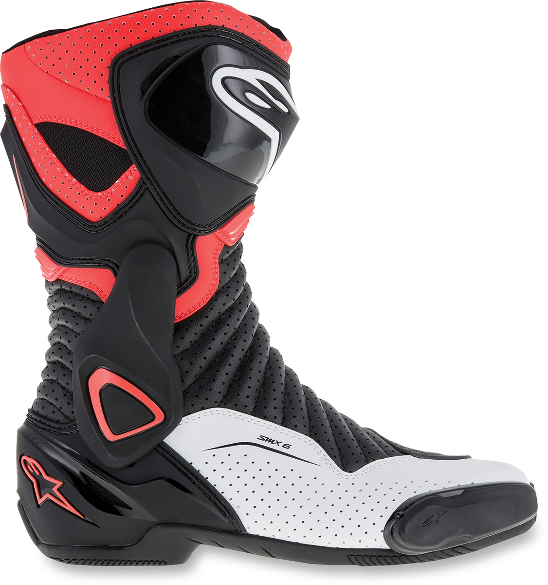 Alpinestars SMX-6 v2 Vented motorcycle boots in black, white, and red fluorescent with US 9.5 size, designed for riding comfort.