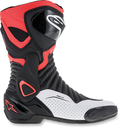 Alpinestars SMX-6 v2 Vented motorcycle boots in black, white, and red fluorescent with US 9.5 size, designed for riding comfort.