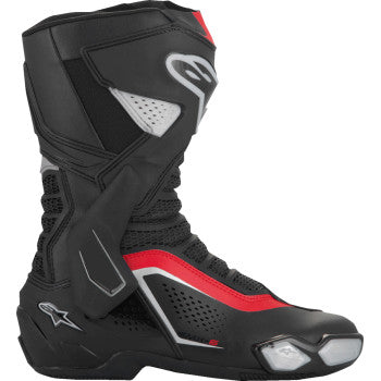 Alpinestars SMX-6 V3 vented motorcycle boots in black, silver, and red, US 12.5 / EU 48, with protective design and textured sole.