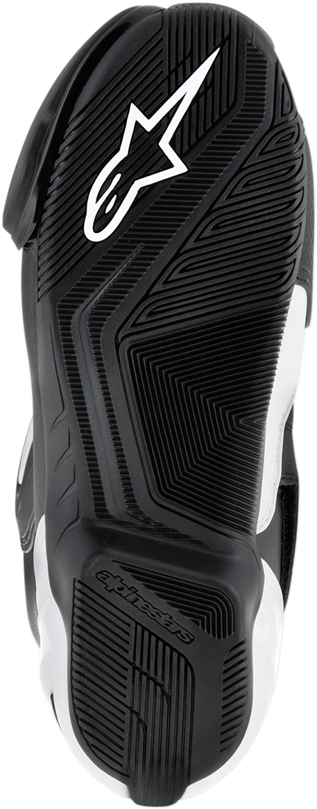 Alpinestars SMX-S motorcycle racing boots in black and white, US size 12, EU 47, with protective design and ankle support.