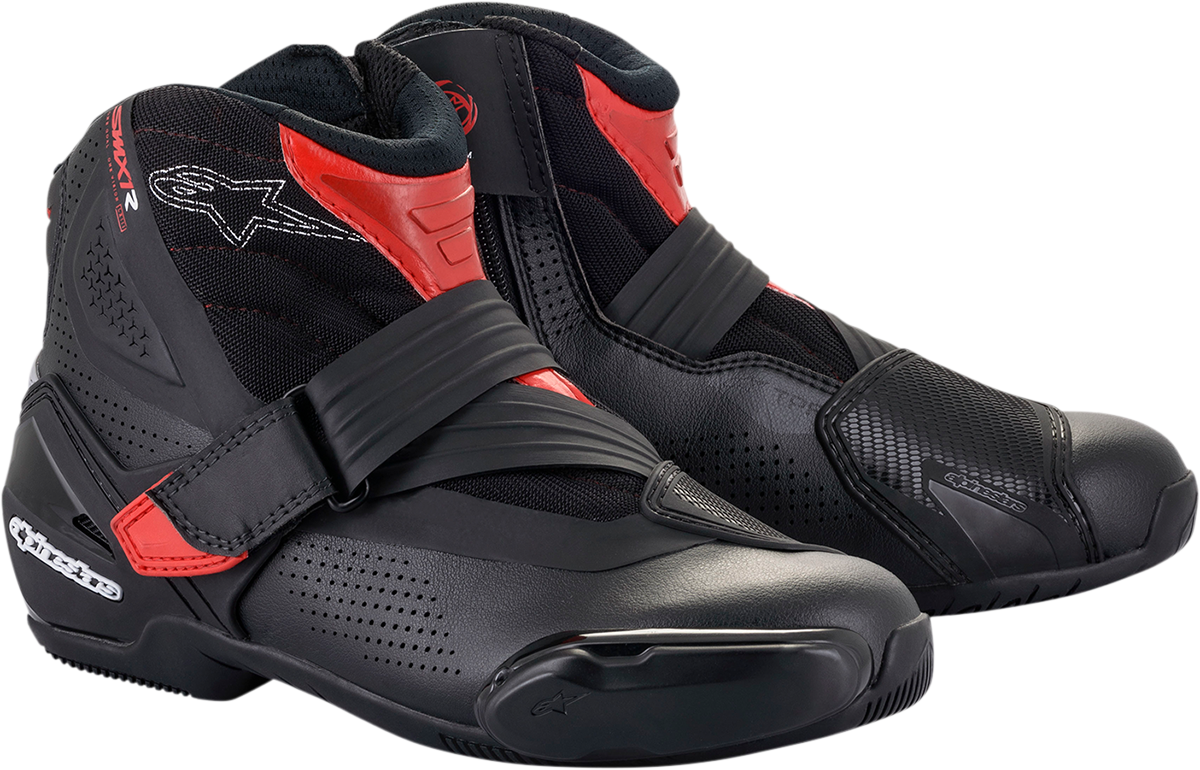 Alpinestars SMX1-R V2 motorcycle boots in black and red, US size 6, EU 39, featuring protective design and sporty style.