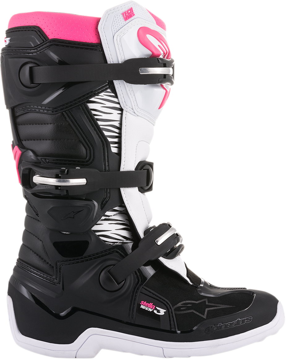 Alpinestars Stella Tech 3 motorcycle boots in black, white, and pink with US size 8, featuring protective design and sporty style.