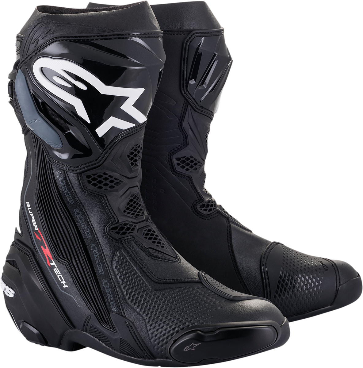 Black Alpinestars Supertech R motorcycle boots with white accents, US 9.5 / EU 44, designed for racing and high performance.