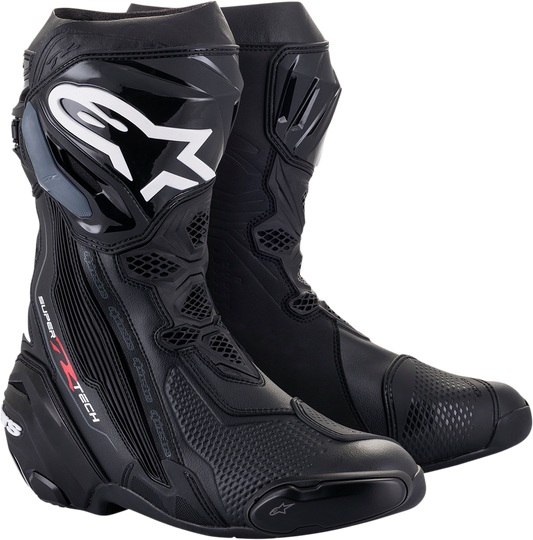 Black Alpinestars Supertech R motorcycle boots with white accents, US 9.5 / EU 44, designed for racing and high performance.