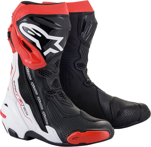 Alpinestars Supertech R motorcycle riding boots in black, white, and red with US size 10.5, EU 45, shown from a front angle.