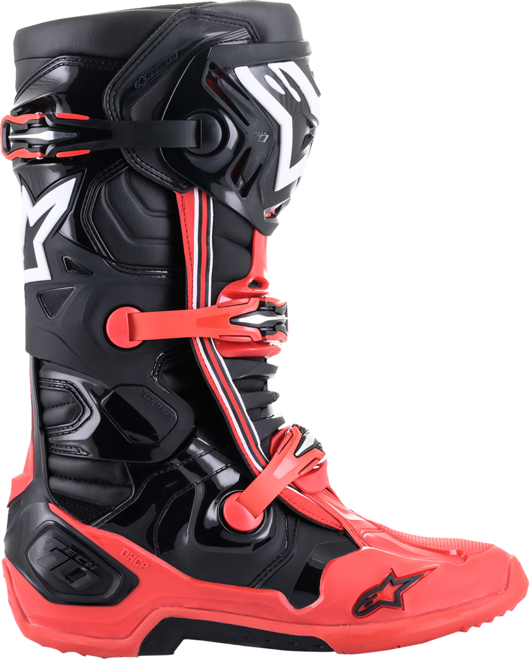 Alpinestars Tech 10 Acumen motorcycle boots in black and red, US size 8, featuring protective design and durable construction.