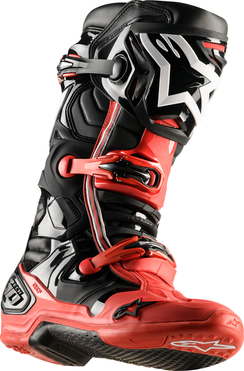 Alpinestars Tech 10 Acumen motorcycle boots in black and red, US size 8, designed for durability and protection.