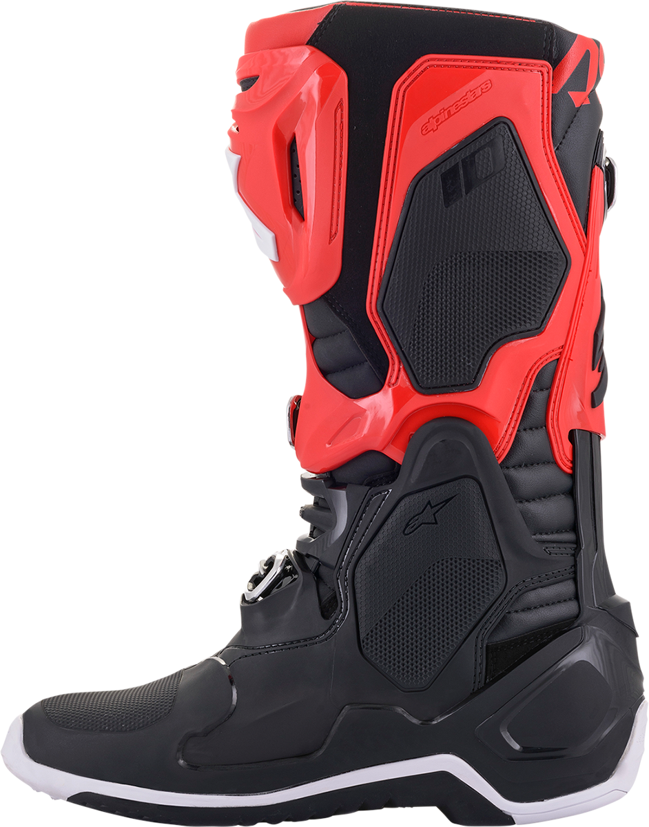 Alpinestars Tech 10 motorcycle boots in black and red, US size 13, featuring protective design and durable construction.