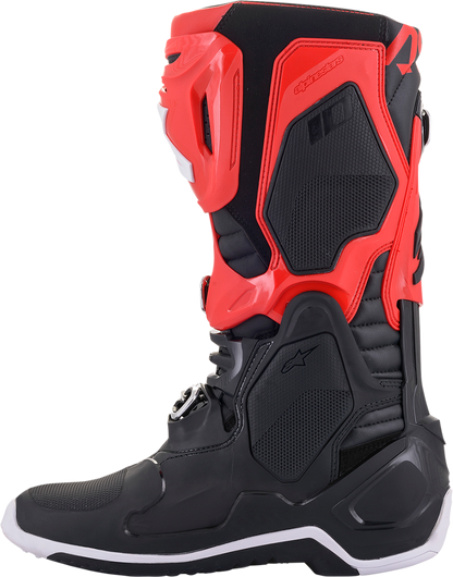 Alpinestars Tech 10 motorcycle boots in black and red, US size 13, featuring protective design and durable construction.