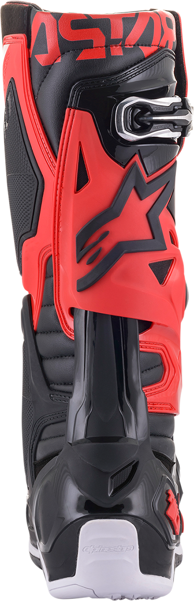 Alpinestars Tech 10 motorcycle boots in black and red, US size 13, featuring durable design and protective features.