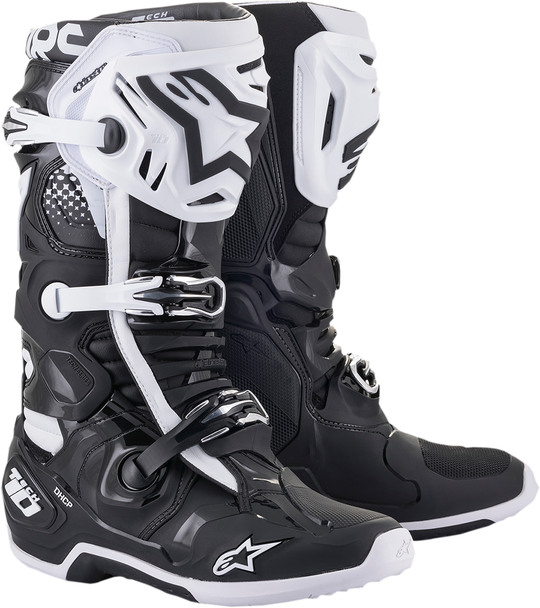 Alpinestars Tech 10 motorcycle boots in black and white, US size 14, featuring rugged design and protective features.