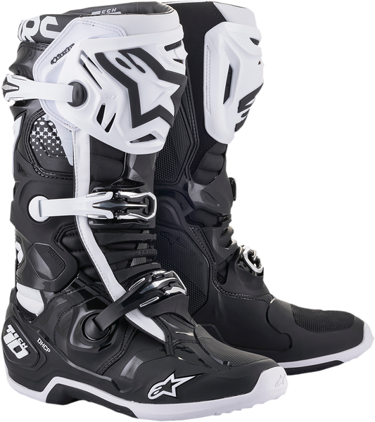 Alpinestars Tech 10 motorcycle racing boots in black and white, US size 9, showcasing protective design and durable construction.