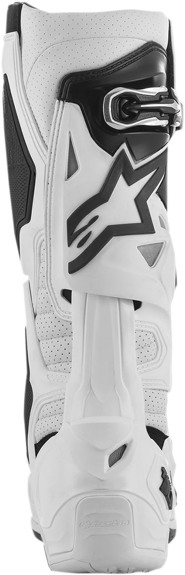 Alpinestars Tech 10 Supervented motorcycle boots in white, US size 14, with reinforced protection and vented panels.