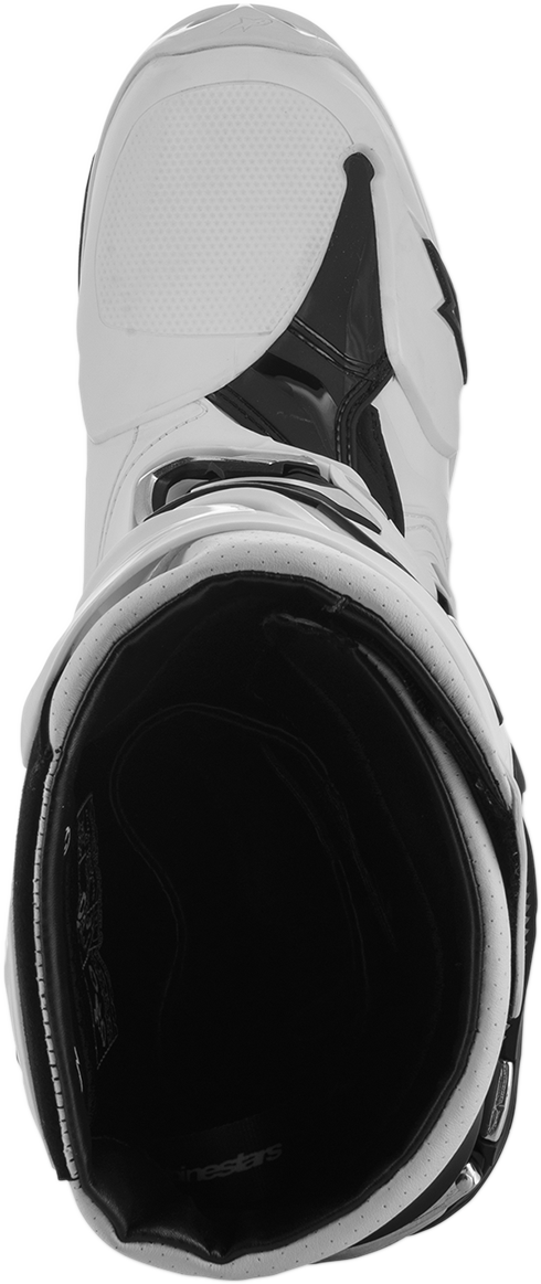 Alpinestars Tech 10 Supervented motorcycle riding boots in white, US size 14, with protective design and ventilation features.