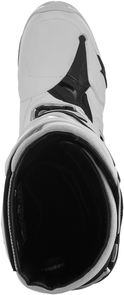 Alpinestars Tech 10 Supervented motorcycle riding boots in white, US size 14, with protective design and ventilation features.