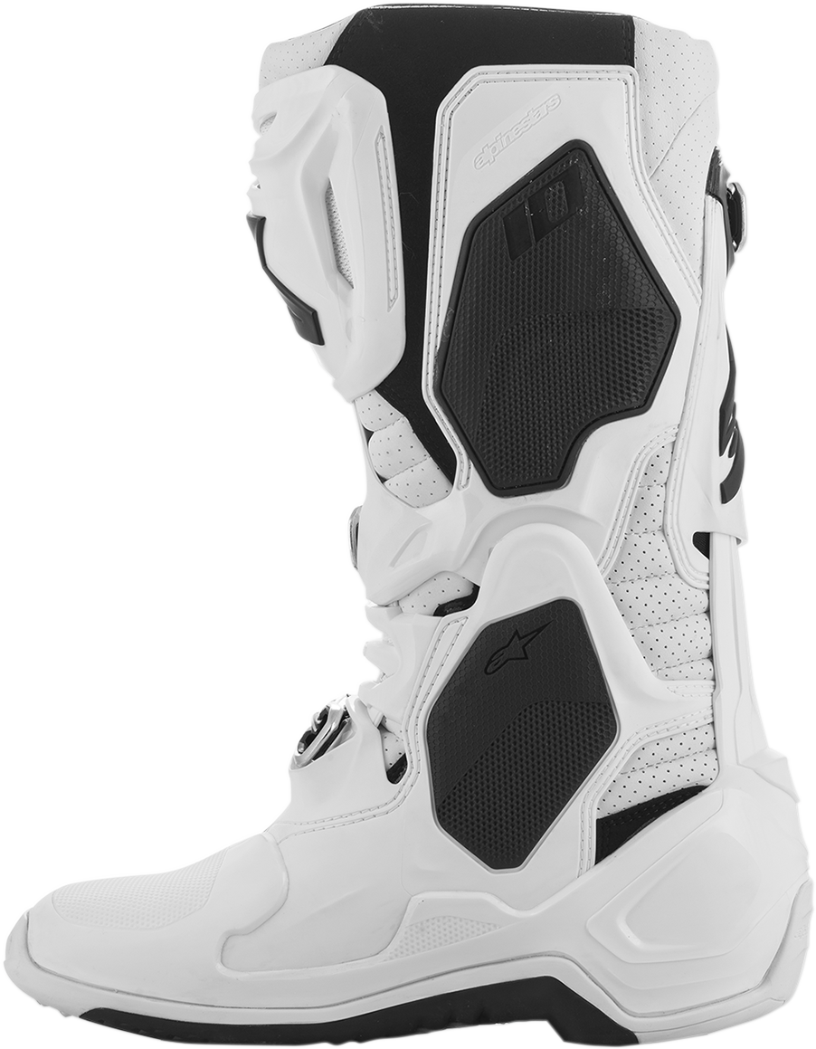 Alpinestars Tech 10 Supervented Boots in white, US 14, designed for motocross and off-road riding, with reinforced protective features.