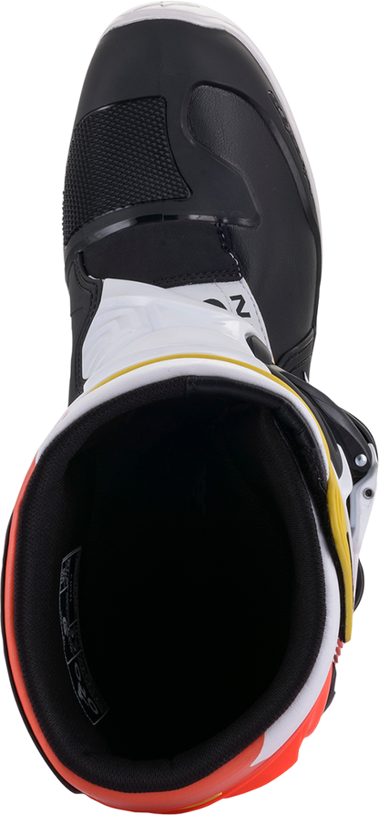 Alpinestars Tech 3 motorcycle boots in black, white, and orange, US size 9, featuring sturdy design and protective features.