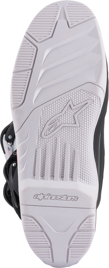 Alpinestars Tech 3 motorcycle boots in black, white, and orange with US size 9, featuring durable protective design.