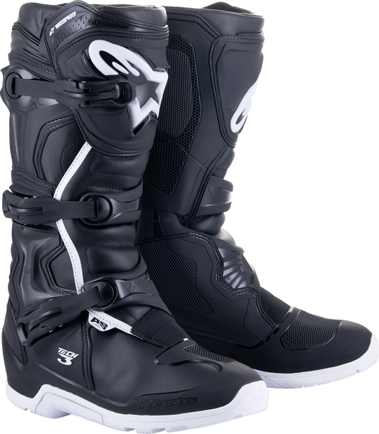 Alpinestars Tech 3 Enduro Waterproof Boots in black and white, US 13/EU 48, designed for off-road riding.