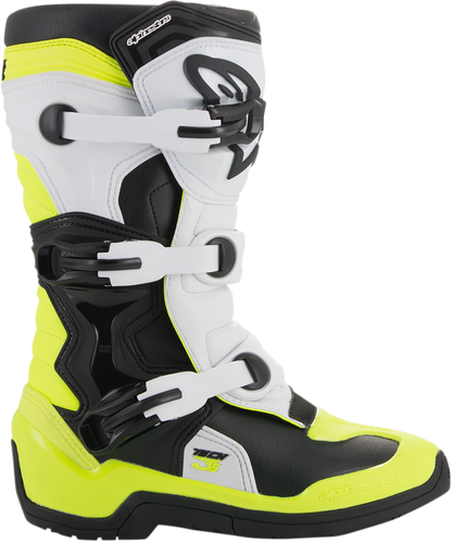 Alpinestars Tech 3S motorcycle boots in black, white, and fluorescent yellow, US size 3, designed for riding safety and comfort.