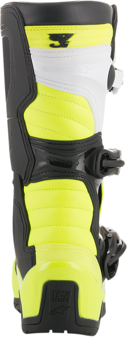 Alpinestars Tech 3S motocross boots in black, white, and fluorescent yellow with US size 8, featuring sturdy design and protective details.