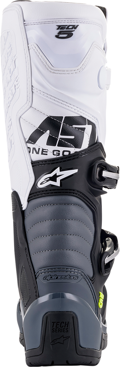 Alpinestars Tech 5 motorcycle boots in black and white, US size 12, featuring protective design and sturdy construction.