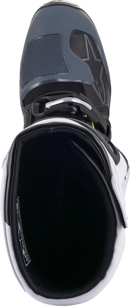 Alpinestars Tech 5 motorcycle boots in black and white, US 13, featuring protective design and sturdy construction.