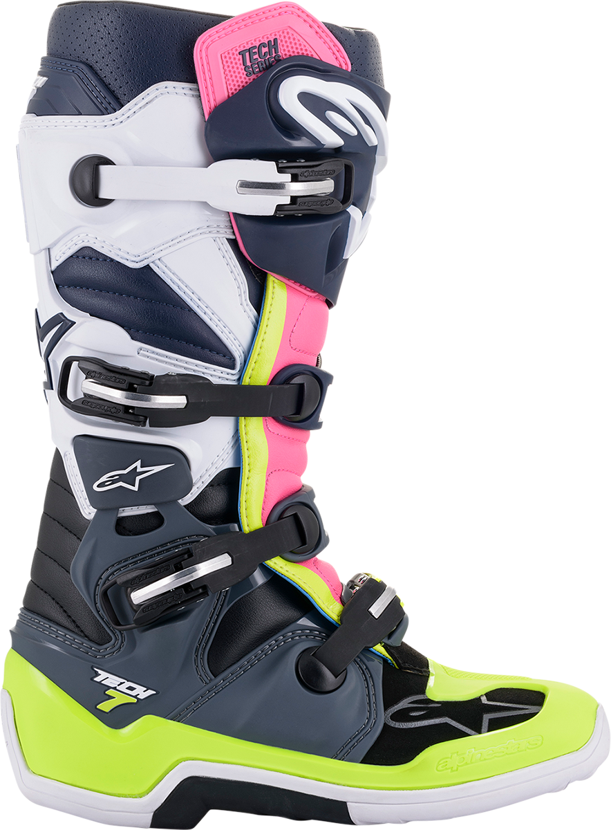 Alpinestars Tech 7 motorcycle boots in black, pink, white, and yellow, US size 10, with protective design and durable sole.