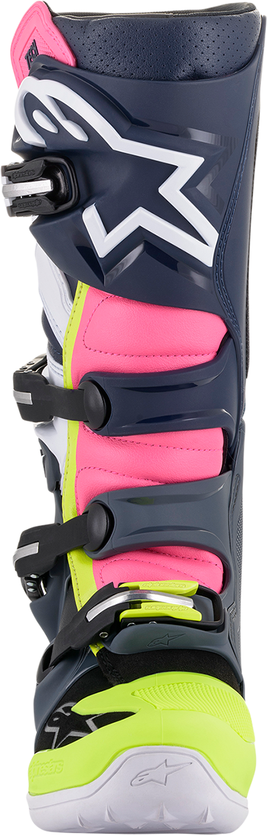 Alpinestars Tech 7 motorcycle boots in black, pink, white, and yellow with US size 11, showcasing durable riding footwear.